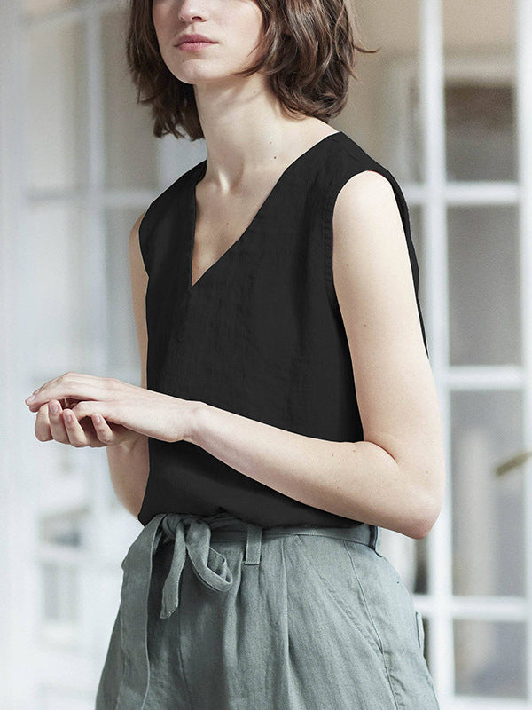 Womens Pure Linen V Neck Sleeveless Vest