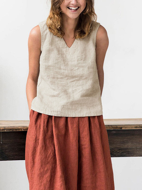 Womens Pure Linen V Neck Sleeveless Vest