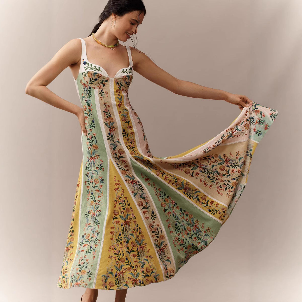 Floral Print Linen Suspender Dress