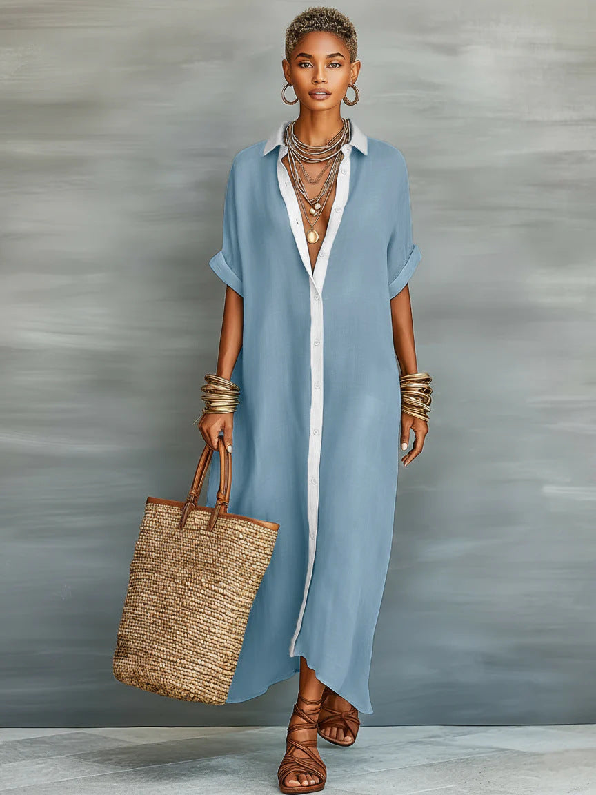 Women's Cotton-Linen Color Block Dress