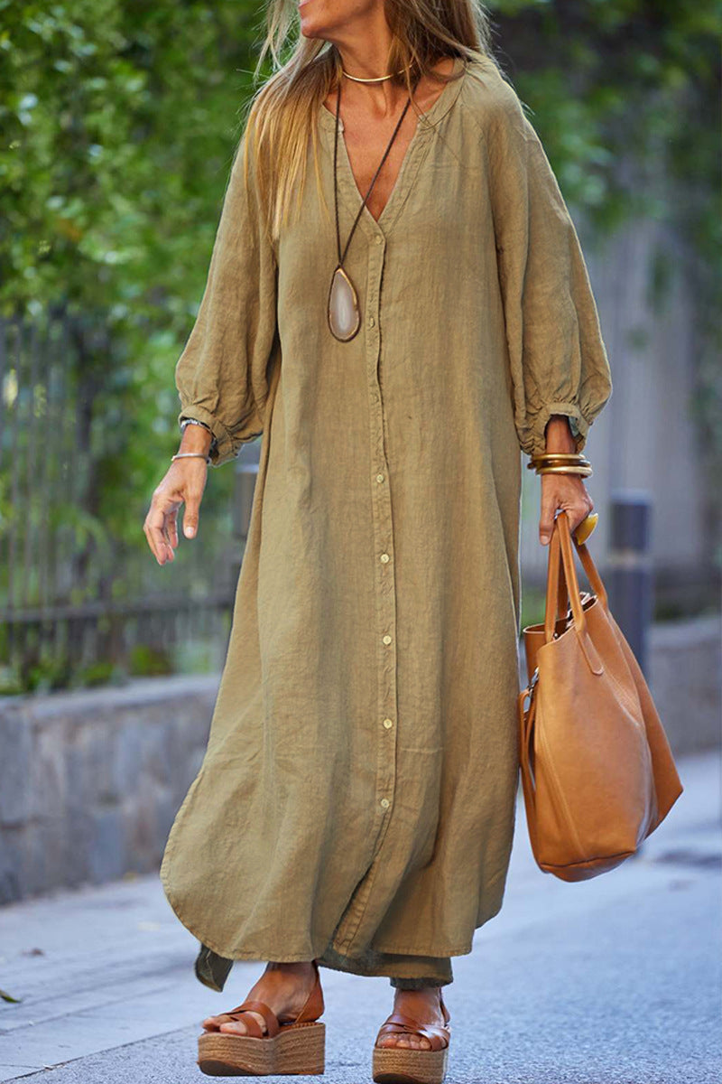 Womens Cotton Linen V-Neck Long Dress