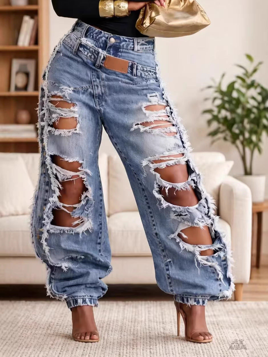 High-Waisted Ripped Denim Wide-Leg Pants