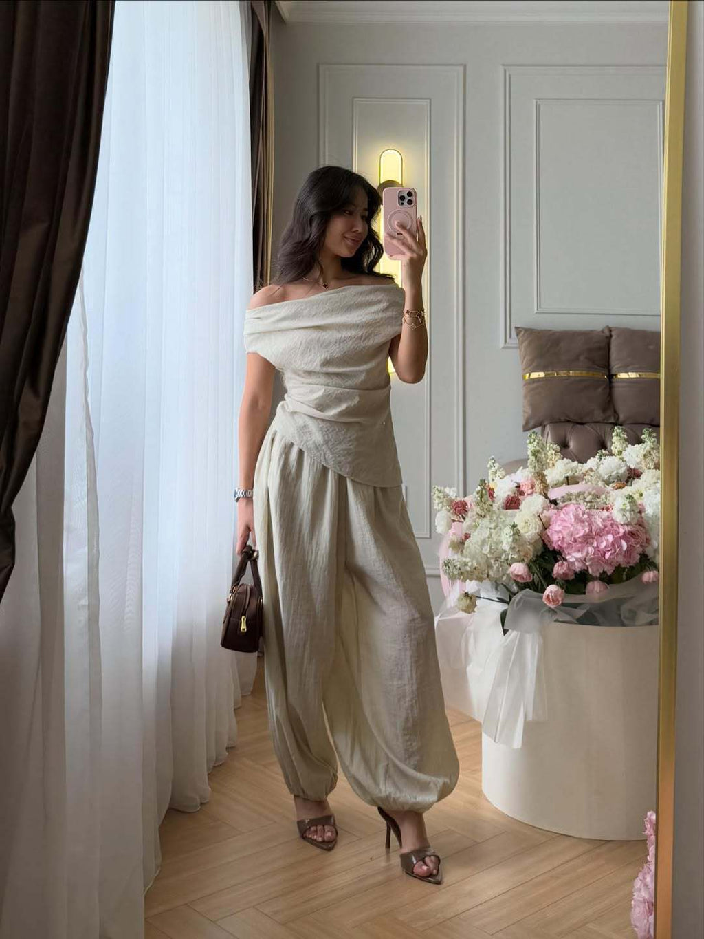 Womens Off-Shoulder Top and Lantern Pants Set