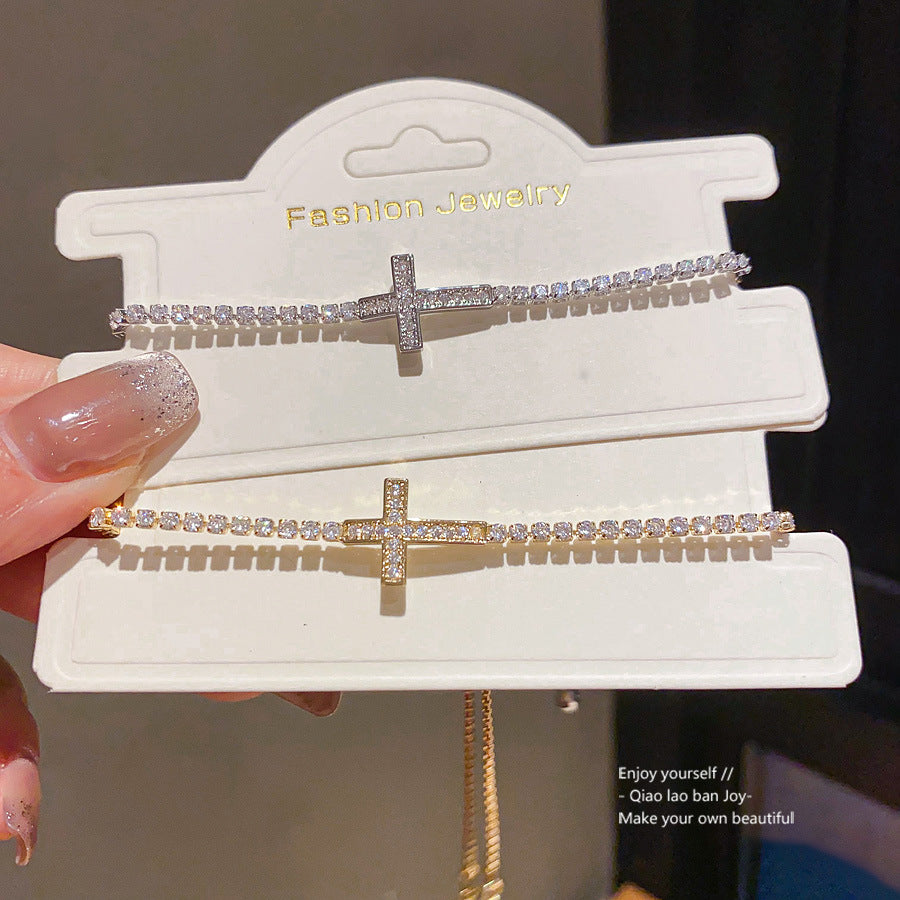 14K Gold Electroplated Zircon Cross Bracelet