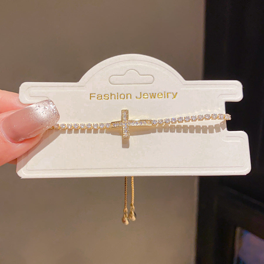 14K Gold Electroplated Zircon Cross Bracelet