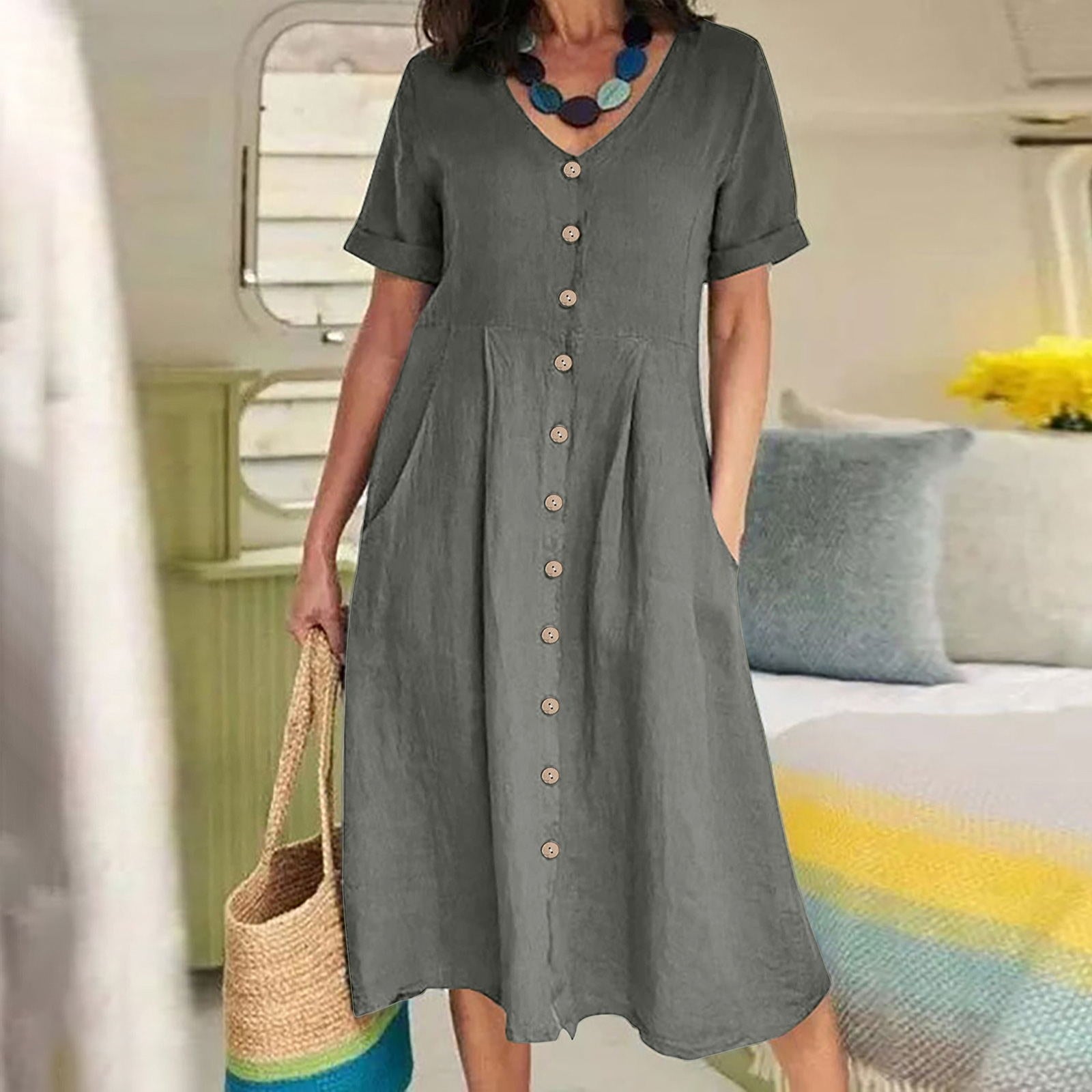 Womens Cotton Linen Casual Dress