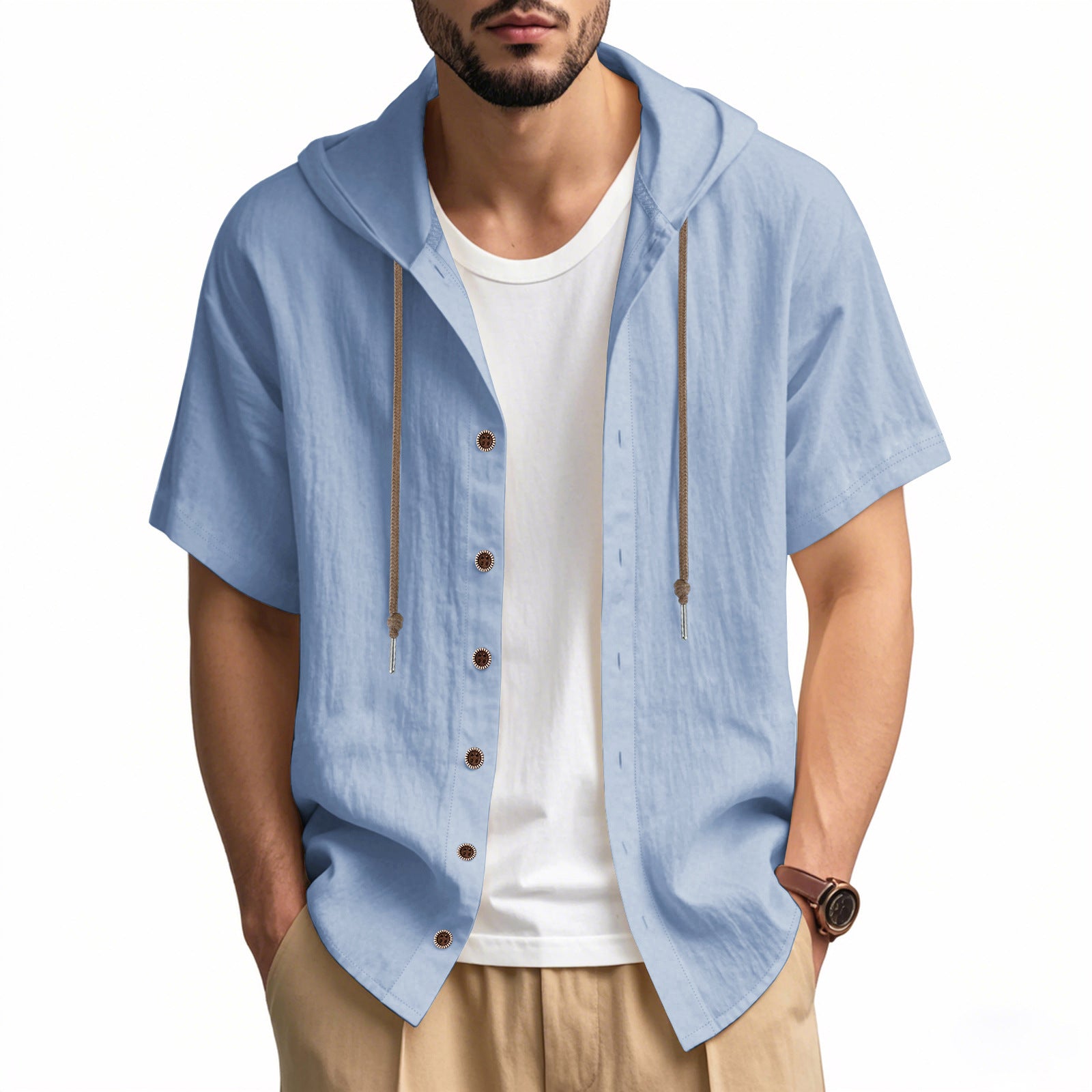 Mens Hooded Cotton Linen Casual Shirt