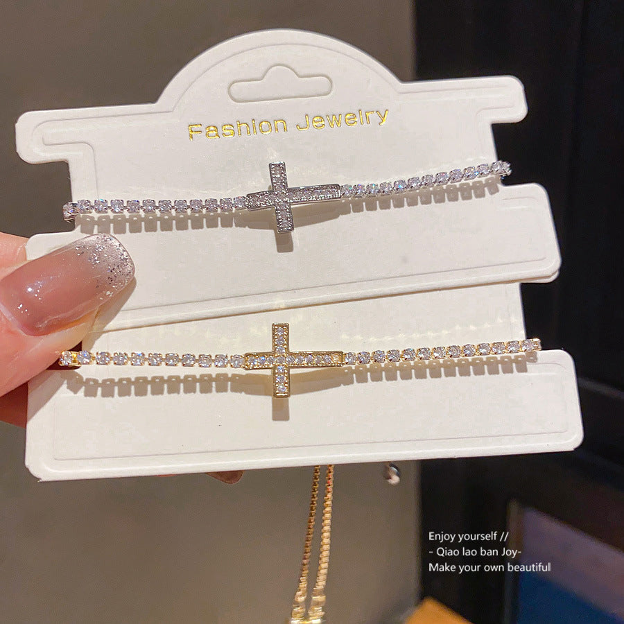 14K Gold Electroplated Zircon Cross Bracelet