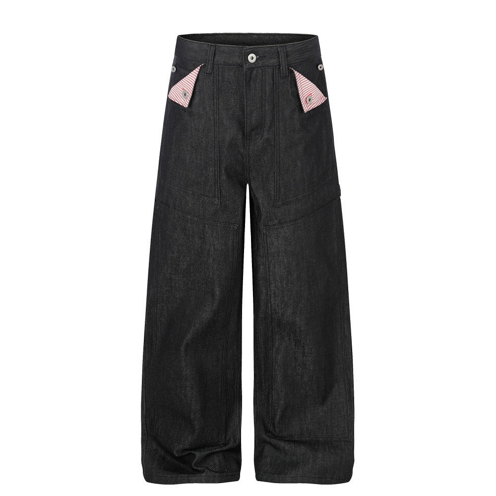 Mens Straight Leg Denim Pants with Multi-Pockets
