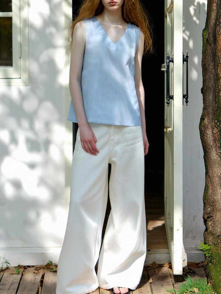 Womens Pure Linen V Neck Sleeveless Vest