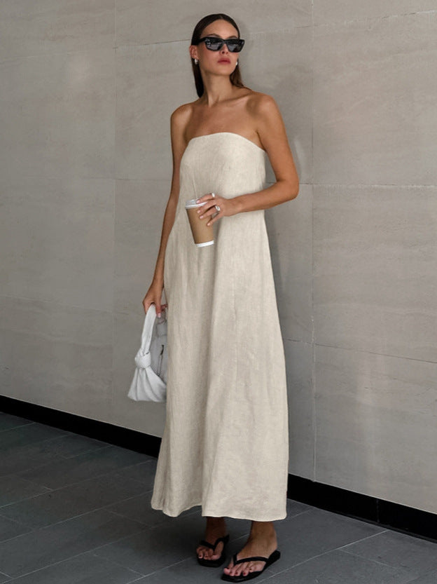 Women's Cotton Linen Backless High Waist Dress