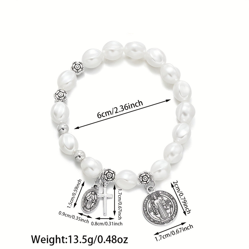 Pearl Cross Pendant Elastic Bracelet