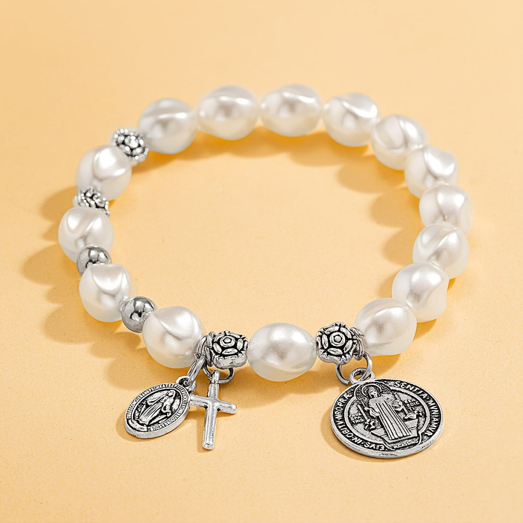 Pearl Cross Pendant Elastic Bracelet