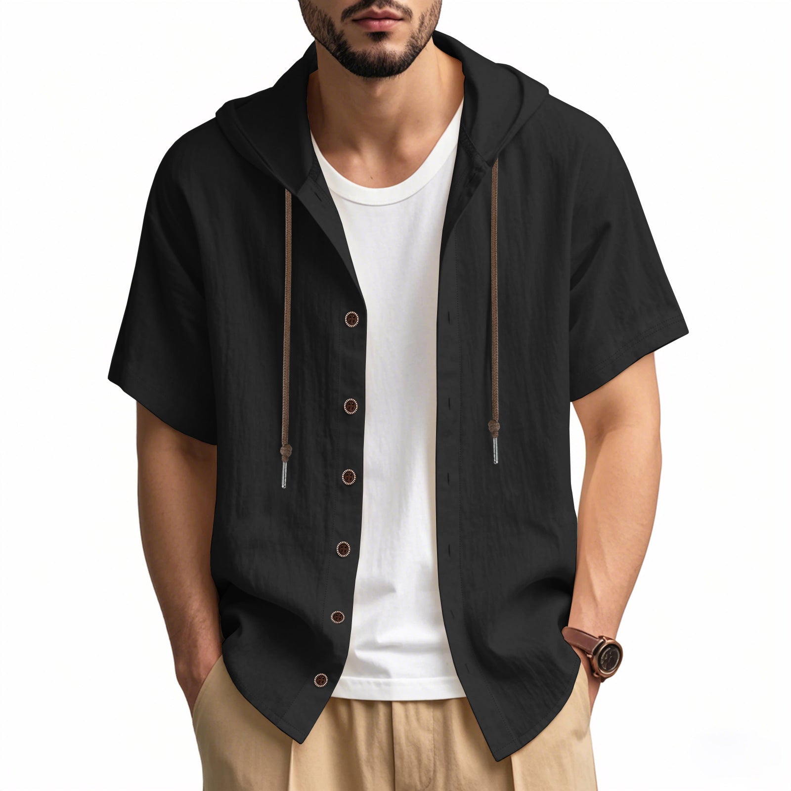 Mens Hooded Cotton Linen Casual Shirt