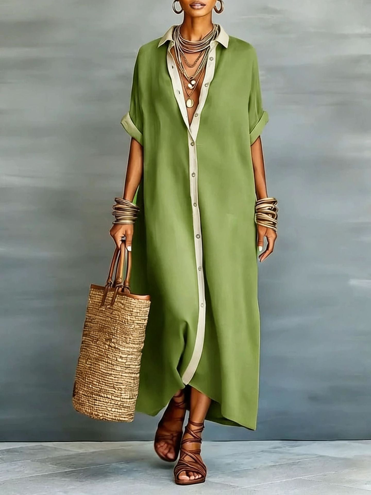Women's Cotton-Linen Color Block Dress