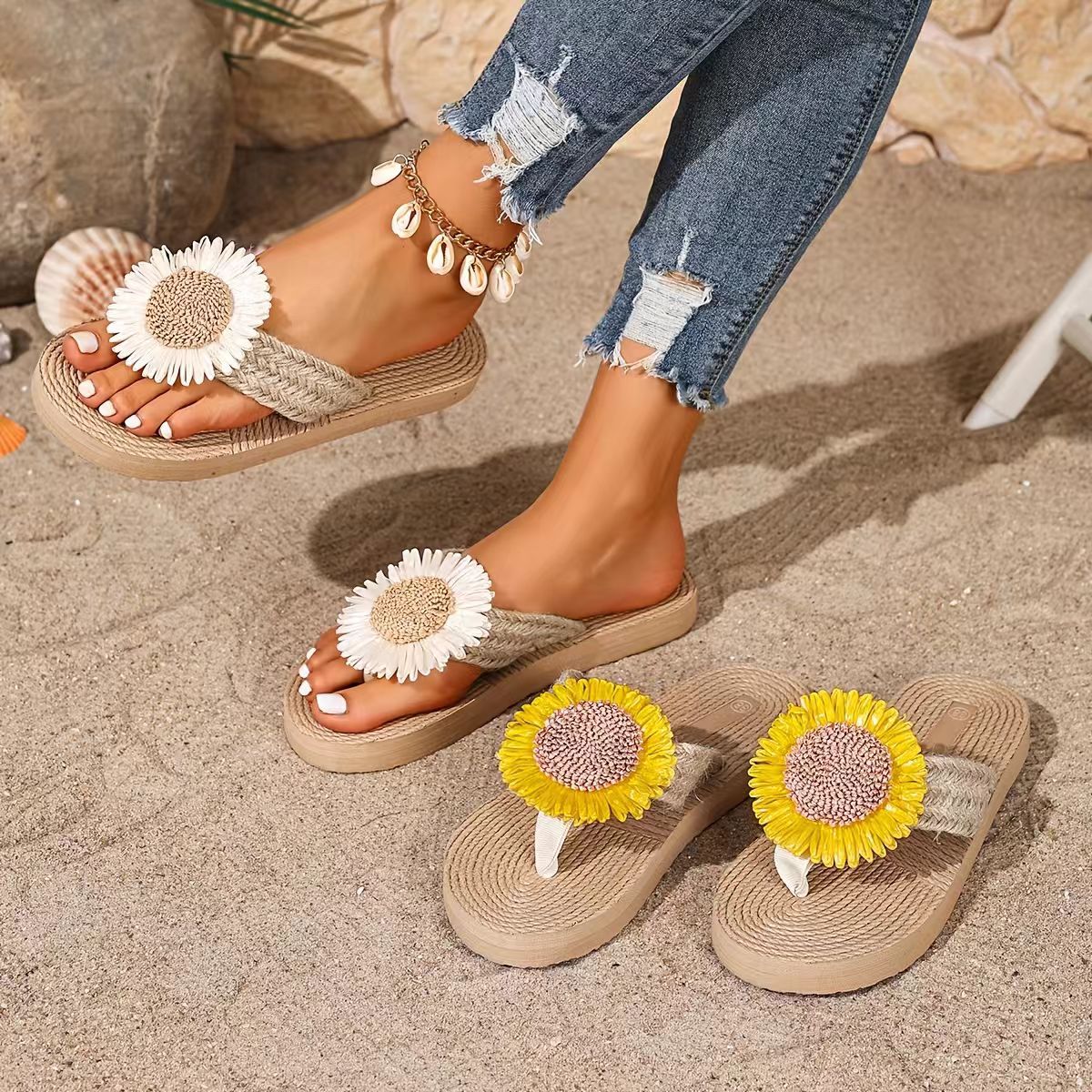 Linen Sunflower Flat Flip-Flops
