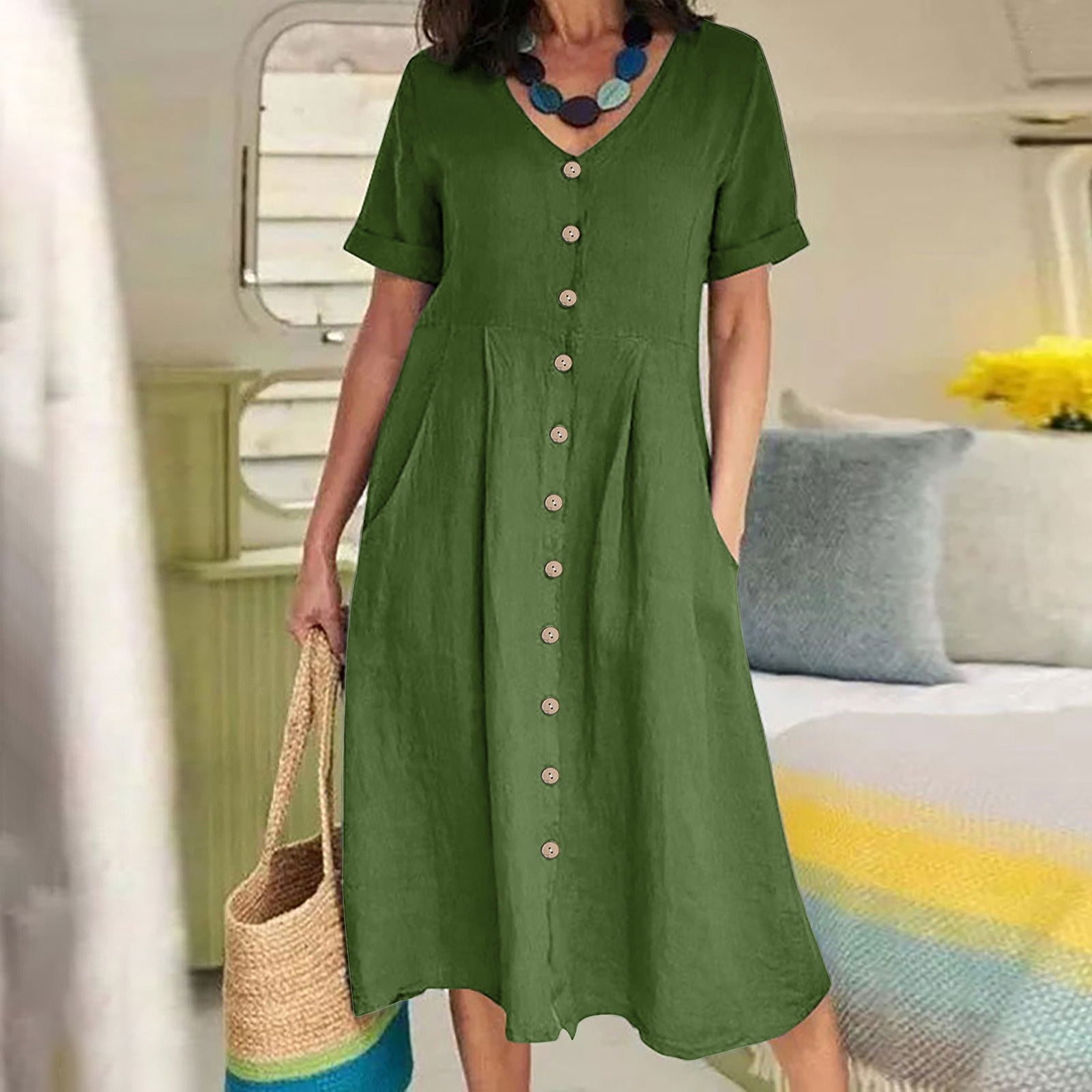 Womens Cotton Linen Casual Dress