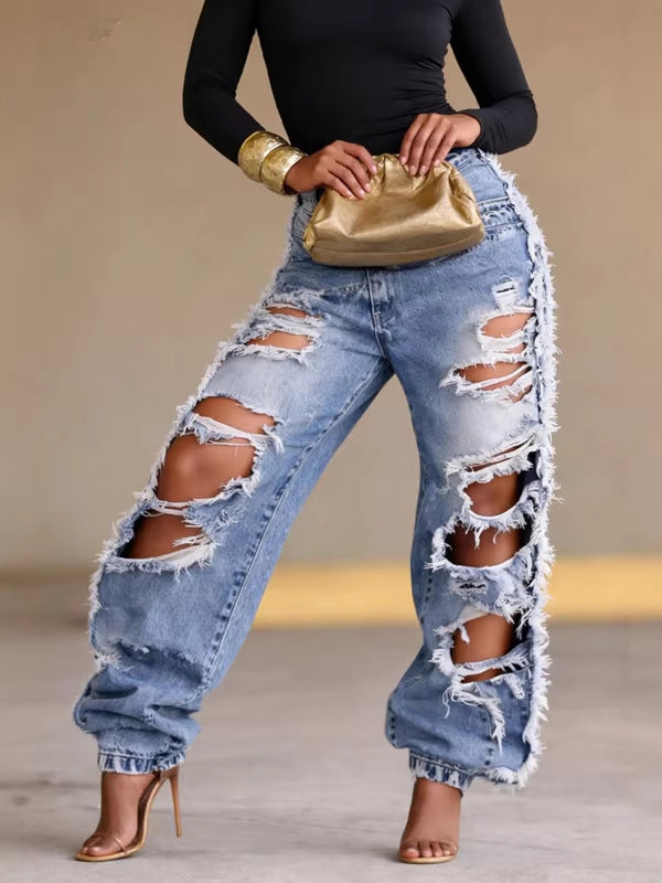 High-Waisted Ripped Denim Wide-Leg Pants