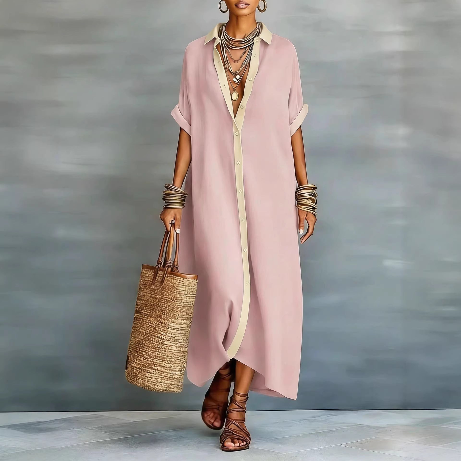Women's Cotton-Linen Color Block Dress