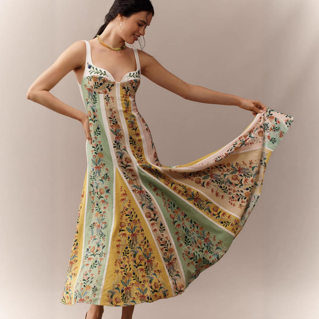 Floral Print Linen Suspender Dress