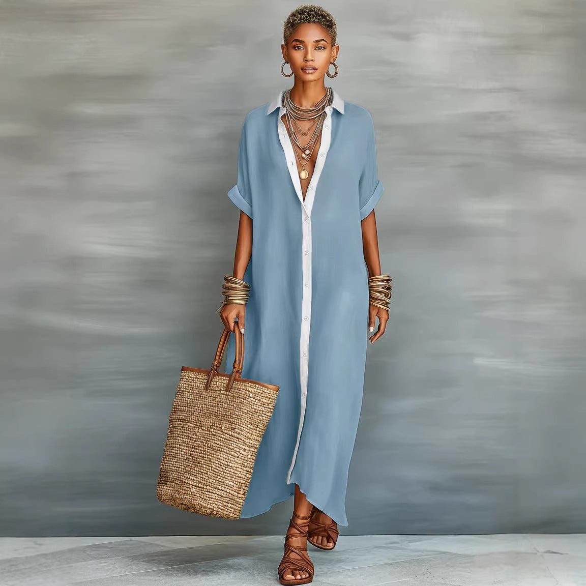 Women's Cotton-Linen Color Block Dress