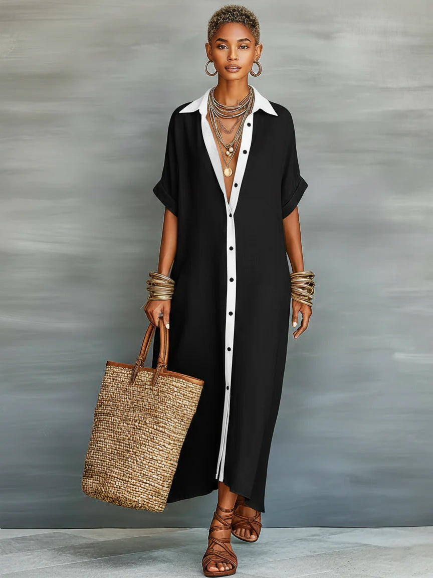 Women's Cotton-Linen Color Block Dress