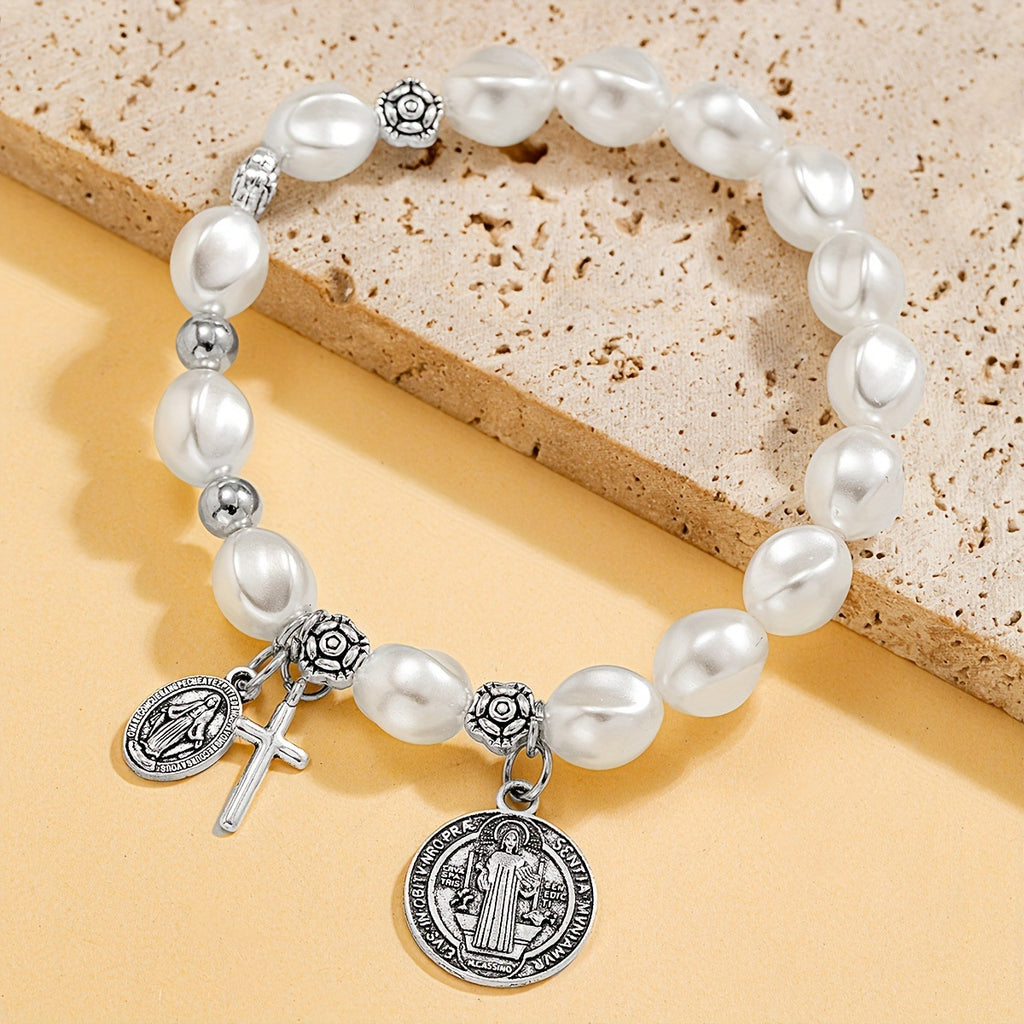Pearl Cross Pendant Elastic Bracelet