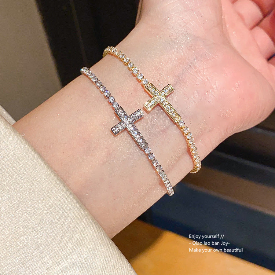 14K Gold Electroplated Zircon Cross Bracelet