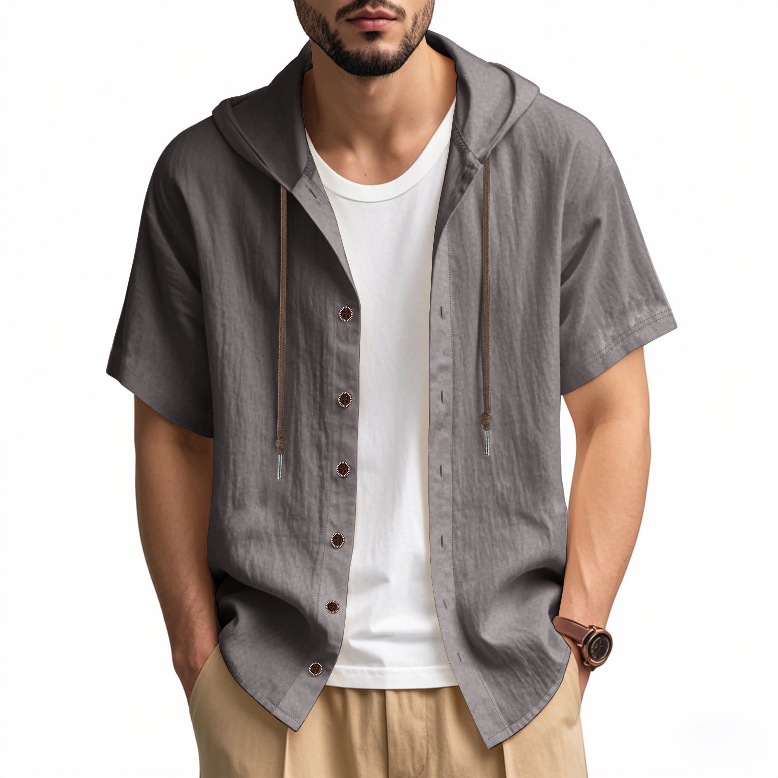 Mens Hooded Cotton Linen Casual Shirt