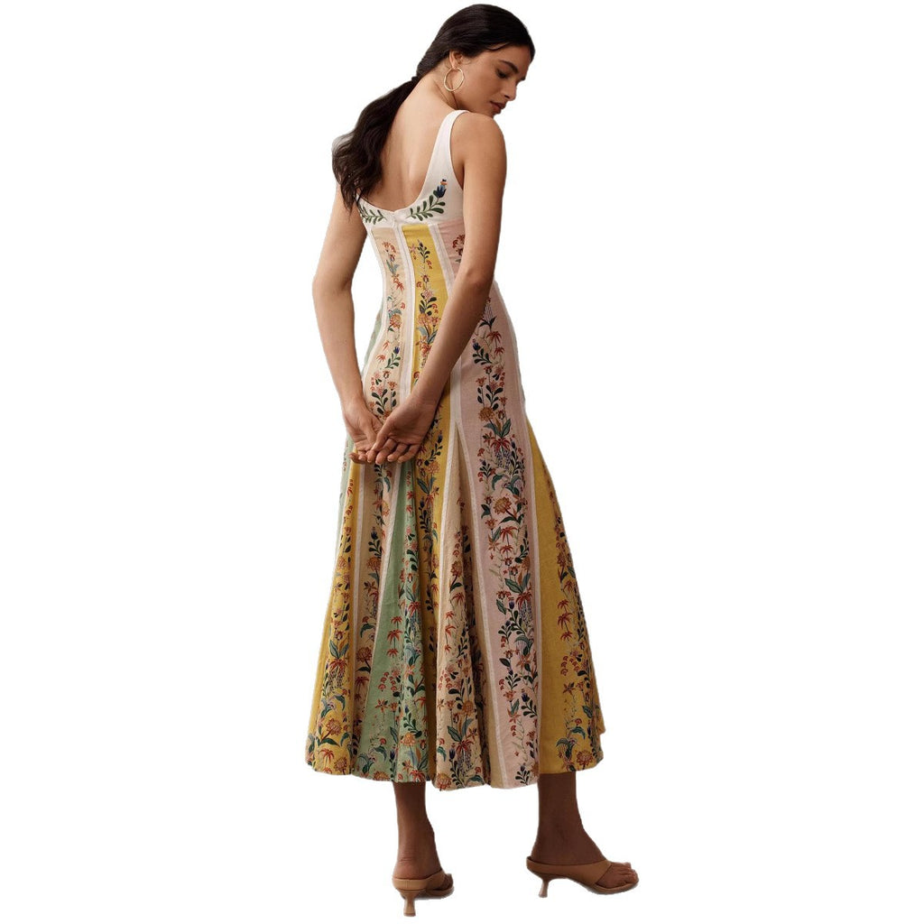 Floral Print Linen Suspender Dress
