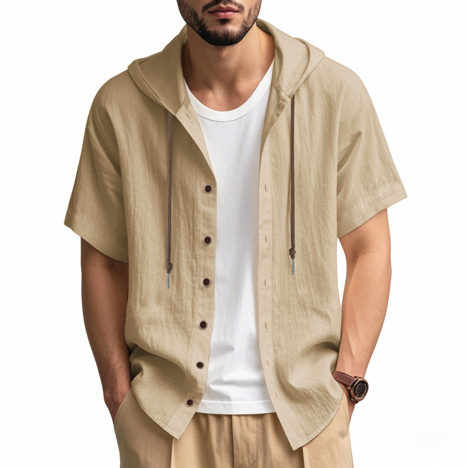 Mens Hooded Cotton Linen Casual Shirt