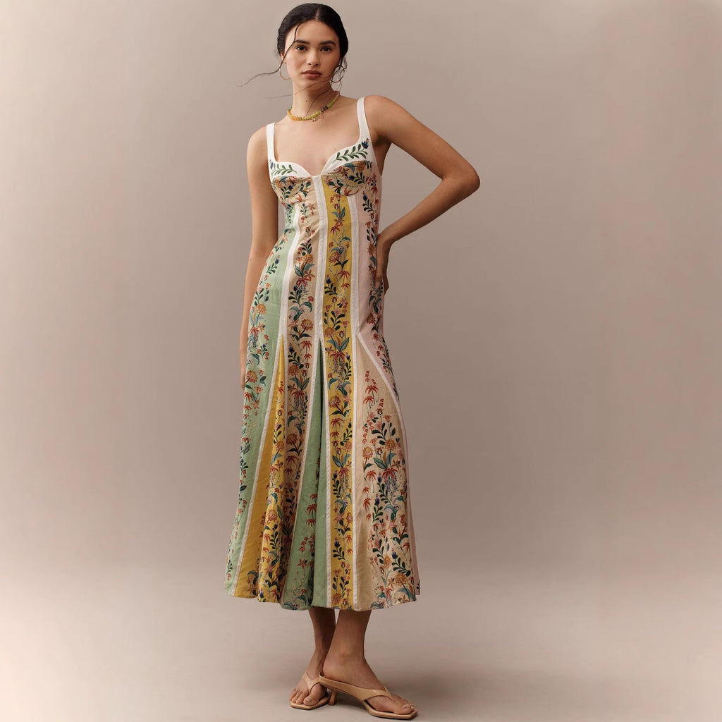 Floral Print Linen Suspender Dress