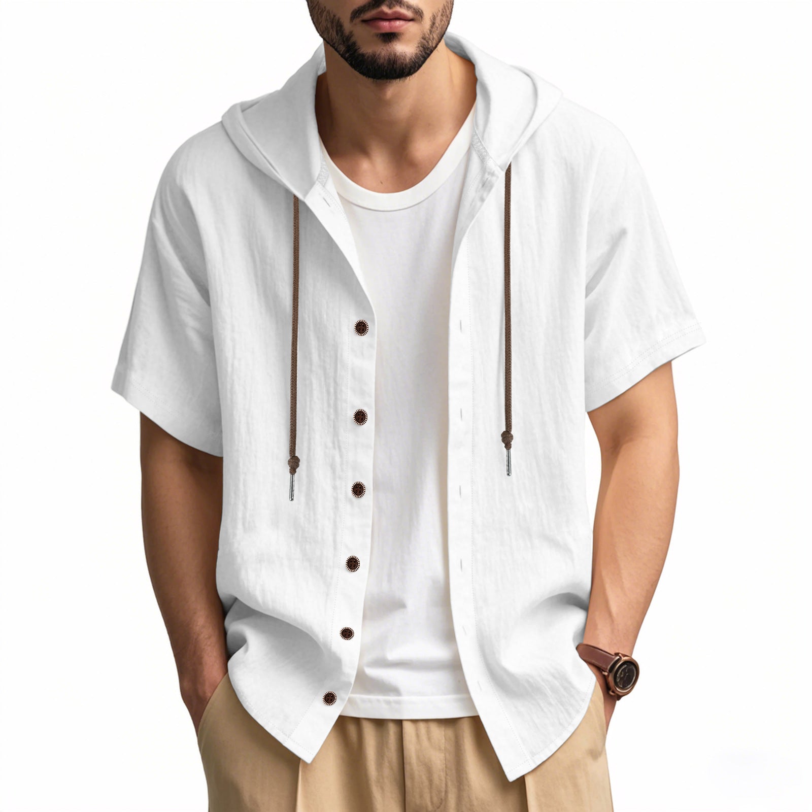 Mens Hooded Cotton Linen Casual Shirt