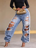 High-Waisted Ripped Denim Wide-Leg Pants