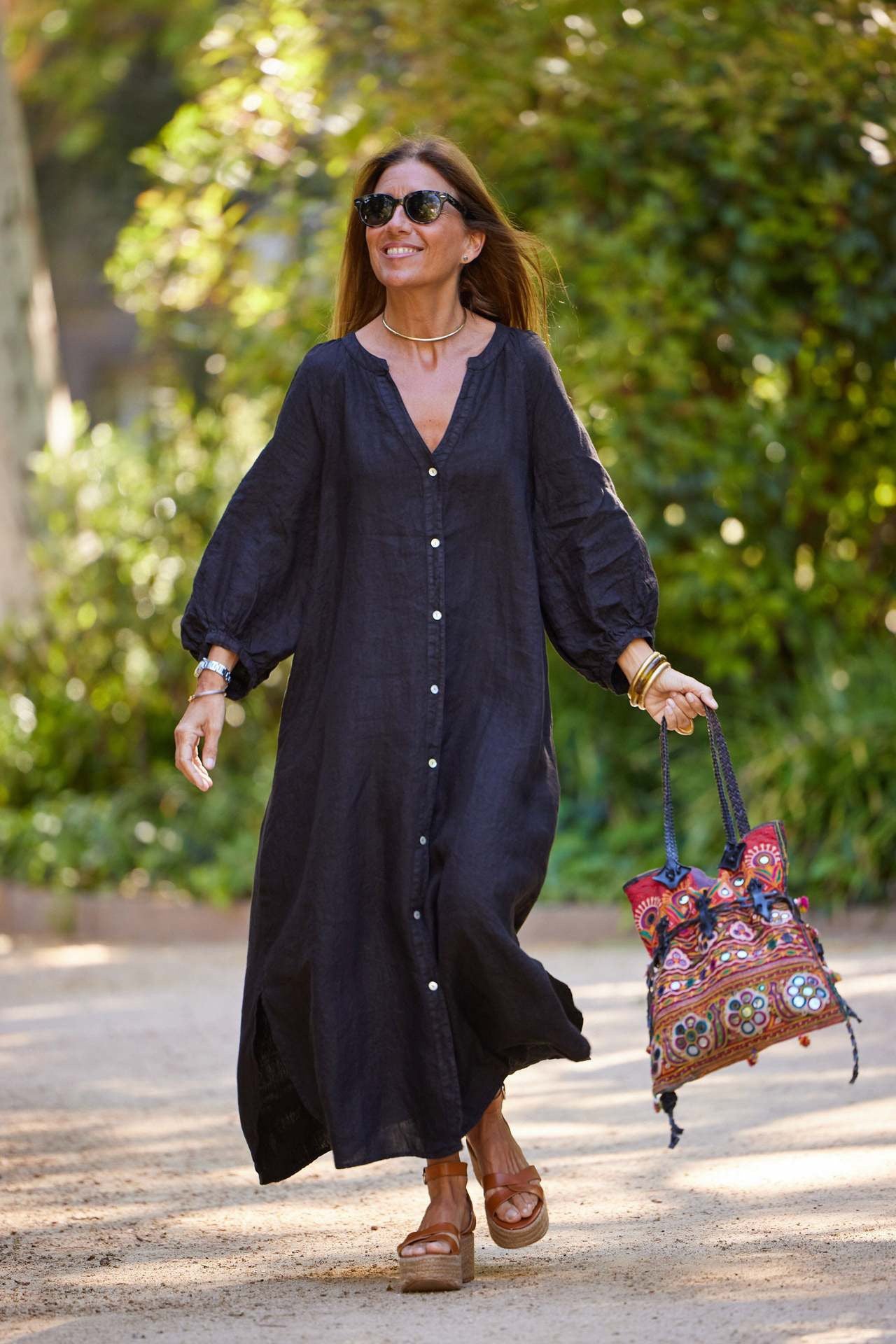 Womens Cotton Linen V-Neck Long Dress