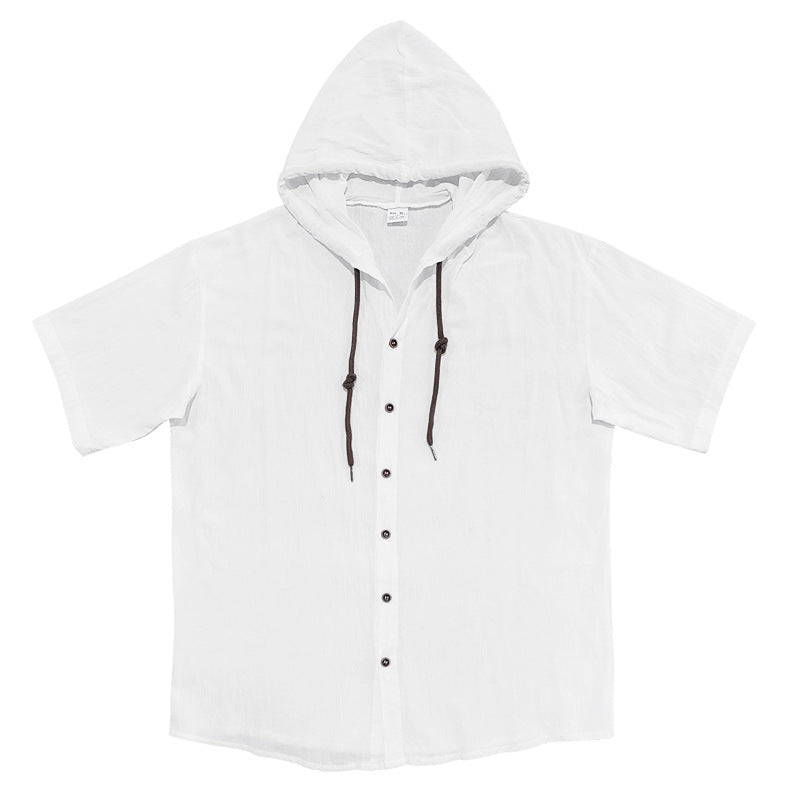 Mens Hooded Cotton Linen Casual Shirt