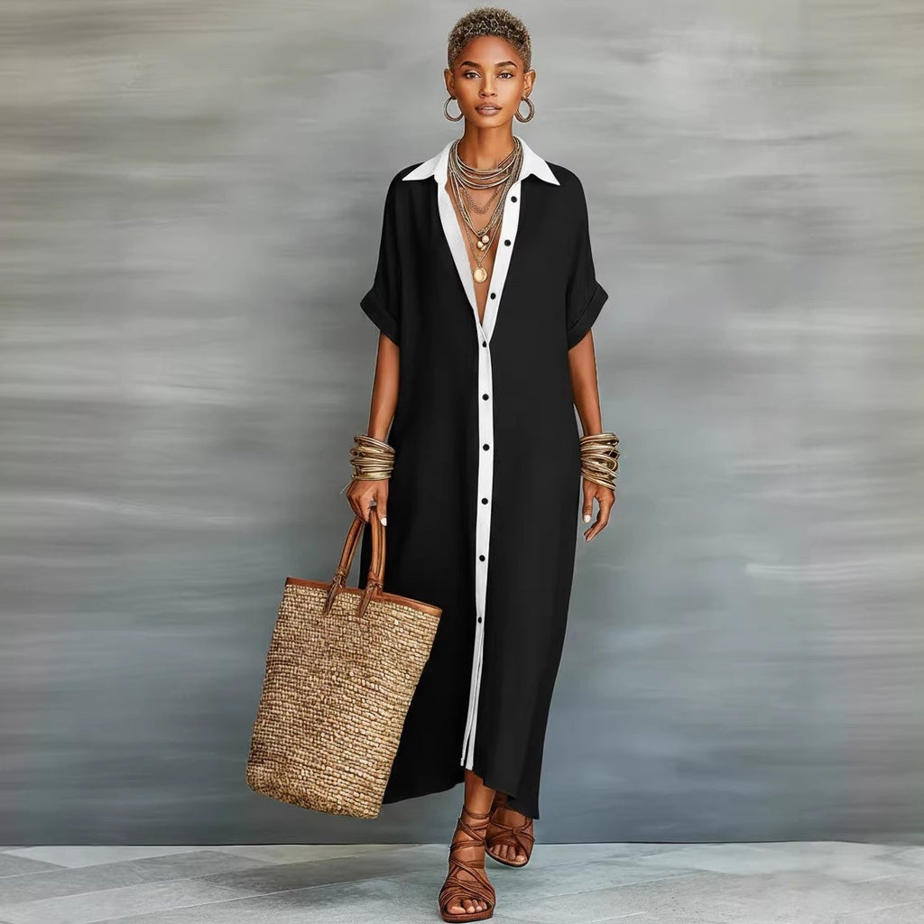 Women's Cotton-Linen Color Block Dress
