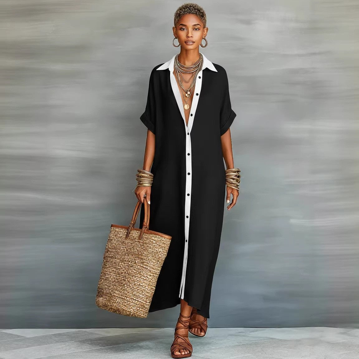 Women's Cotton-Linen Color Block Dress