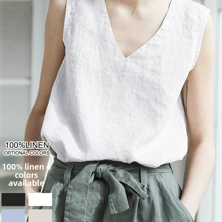 Womens Pure Linen V Neck Sleeveless Vest